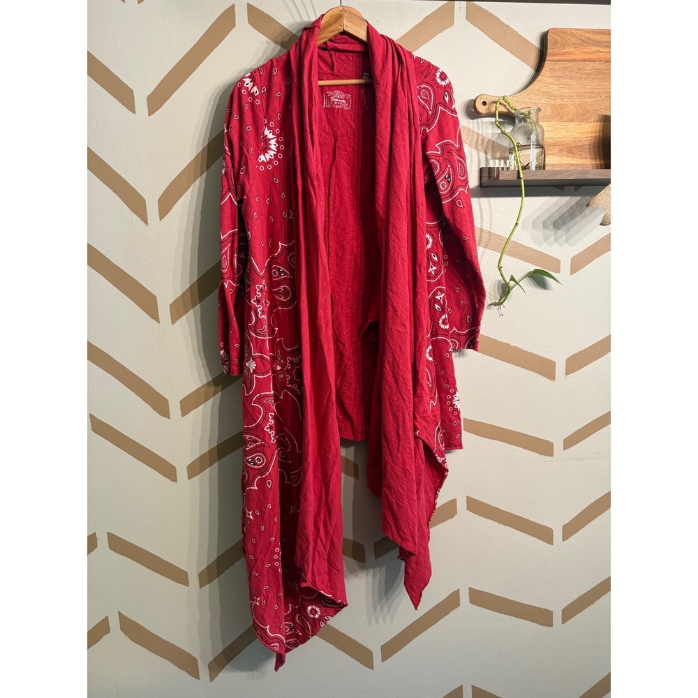 Panhandle Cardigan Women SM Red Bandana Print Asymmetrical Duster Waterfall‎